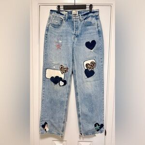 Upcycled Light Blue Straight Leg Jeans with Heart and Leopard Accents